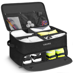 YOREPEK 2 Layer Golf Trunk Organizer, Golf Gifts for Men with Separate Ventilated Compartment for 2 Pair Shoes, Waterproof Car Trunk Locker for Balls, Tees, Clothes, Gloves, Gifts for Golfers
