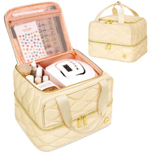 YOREPEK Nail Polish Organizer Case Holds 42+ Bottles (15ml/0.5 fl.oz), 2-Layer Nail Kit Bag with Compartments for Nail Supplies, UV Lamp, Nail Tech Organizers and Storage for Manicure Tools, Beige