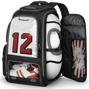 YOREPEK Football Bag Backpack, Extra Large Football Gear Bag with Helmet & Shoulder Pads Holder, Jersey Display Window, Ventilated Shoe Compartment, Football Equipment Bag for Boys Youth Adults