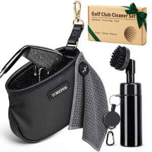 YOREPEK 3-in-1 Golf Club Cleaner Set, Golf Ball Cleaner Bag with Press-to-Spray Brush, Magnetic Golf Towel, Complete Golf Cleaning Kit Packaged with Box, Fathers Day Dad Golf Gifts