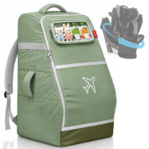 YOREPEK Large Carseat Bags for Air Travel, Fits 360 Rotation Car Seat Padded Car Seat Travel Backpack, with Extra Pockets for Toddler Airplane Travel Essentials, Tracker Pocket for AirTag, Green